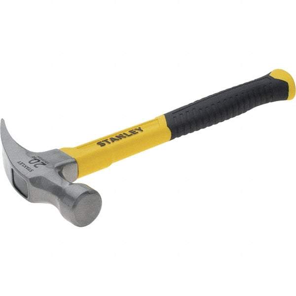 Stanley - 20 oz Head, Curved Claw Hammer - 12.83" OAL, Steel Head, 1.18" Face Diam, Smooth Face, Fiberglass Handle with Grip - Benchmark Tooling