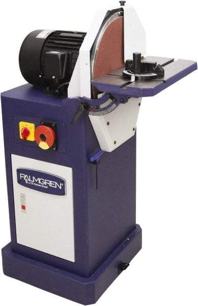 Palmgren - 16" Diam, 1,750 RPM, Single Phase Disc Sanding Machines - 18-9/16" Long Table x 8-1/2" Table Width, 27-27/32" Overall Length x 44-7/16" Overall Height - Benchmark Tooling