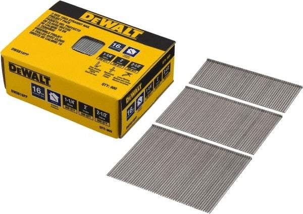 DeWALT - 16 Gauge 2-1/2" Long Finishing Nails for Power Nailers - Steel, Bright Finish, Smooth Shank, Angled Stick Collation, Round Head, Chisel Point - Benchmark Tooling