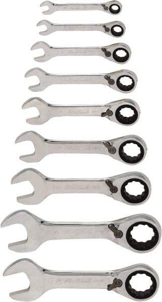 Blackhawk by Proto - 9 Piece, 1/4" to 3/4", Stubby Ratcheting Reversible Combination Wrench Set - Inch Measurement Standard, Chrome Finish, Comes in Case - Benchmark Tooling