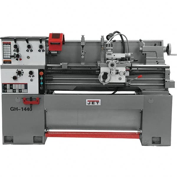 Jet - 14" Swing, 40" Between Centers, 230 Volt, Single Phase Engine Lathe - 5MT Taper, 3 hp, 40 to 1,800 RPM, 1-1/2" Bore Diam, 46" Deep x 28" High x 74-5/8" Long - Benchmark Tooling