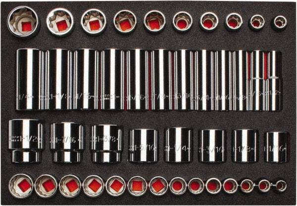 Proto - 65 Piece 1/2" Drive Chrome Finish Deep Well Socket Set - 8, 12 Points, 3/8" to 1-1/2" Range, Inch Measurement Standard - Benchmark Tooling