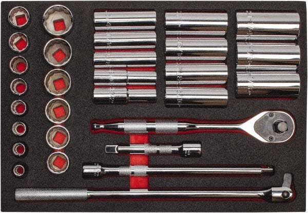 Proto - 30 Piece 1/2" Drive Chrome Finish Deep Well Socket Set - 12 Points, 3/8" to 1-1/4" Range, Inch Measurement Standard - Benchmark Tooling