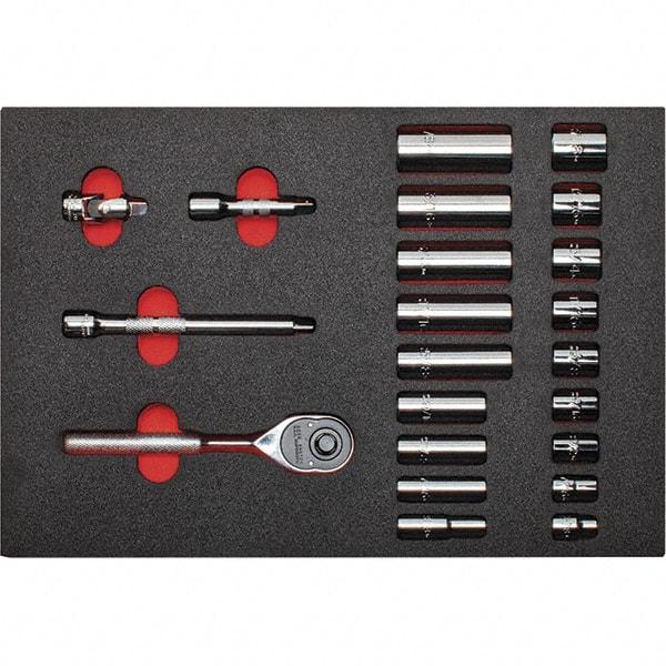 Proto - 22 Piece 3/8" Drive Chrome Finish Deep Well Socket Set - 12 Points, 3/8" to 7/8" Range, Inch Measurement Standard - Benchmark Tooling