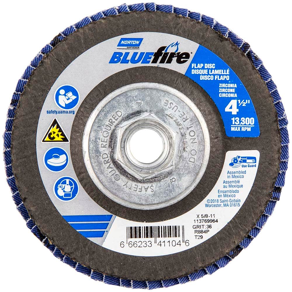 Norton - 4-1/2" 36 Grit 5/8-11 Center Hole Type 29 Zirconia Alumina Flap Disc - Benchmark Tooling