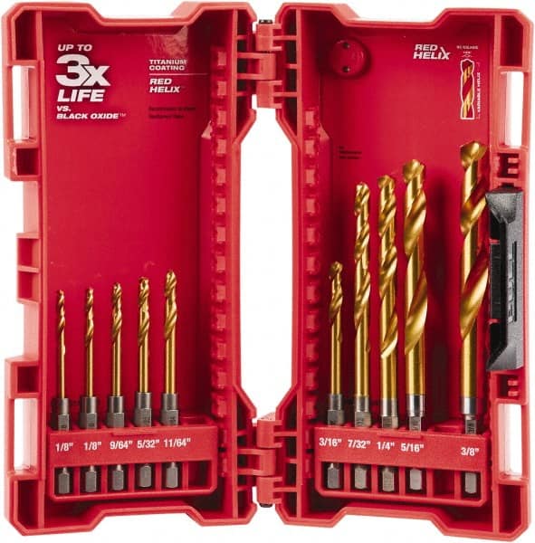 Milwaukee Tool - 1/8 to 3/8", 135° Point, TiN Finish, Titanium Hex Shank Drill Bit Set - Benchmark Tooling