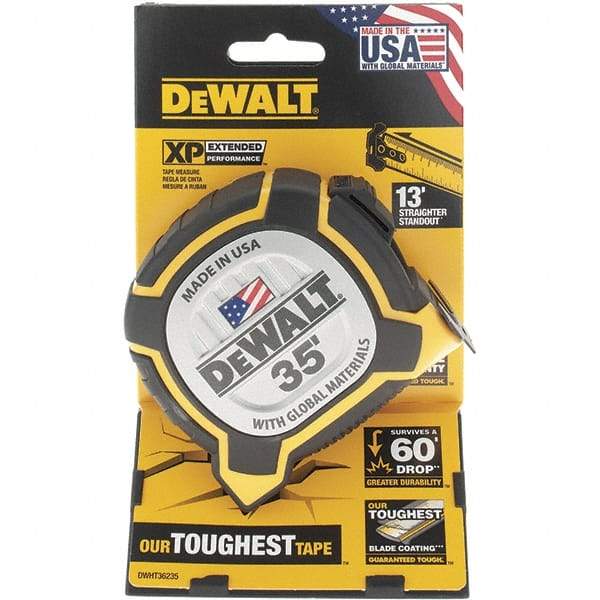 DeWALT - 35' x 1-1/4" Yellow Steel Blade Tape Measure - 1/16" Graduation, Yellow/Black ABS Plastic Case - Benchmark Tooling