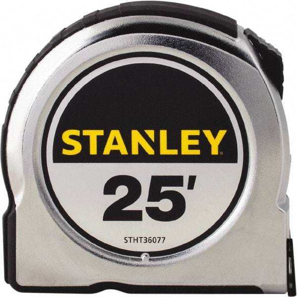 Stanley - 25' x 1" Yellow Steel Blade Tape Measure - 1/16" Graduation, Chrome ABS Plastic Case - Benchmark Tooling