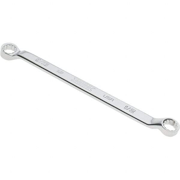 Proto - 1/2" x 9/16" 12 Point Box Wrench - Double End, 53/64" Head Diam x 3/4" Head Thickness, 8-7/8" OAL, Steel, Polished Finish, 15° Offset - Benchmark Tooling