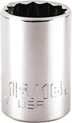 Proto - 15/16", 1/2" Drive, Standard Hand Socket - 12 Points, 1-7/8" OAL, Steel, Chrome Finish - Benchmark Tooling