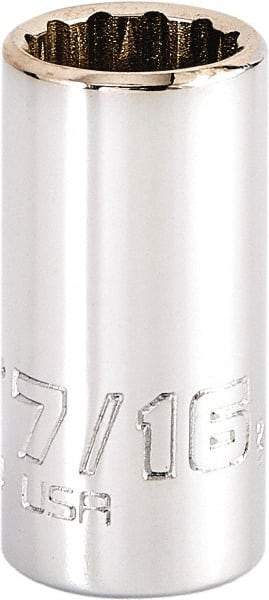 Proto - 7/16", 1/4" Drive, Standard Hand Socket - 12 Points, 1-15/64" OAL, Steel, Chrome Finish - Benchmark Tooling