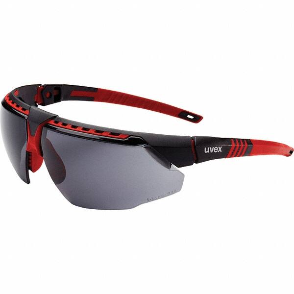 Uvex - Gray Lenses, Framed Safety Glasses - Anti-Fog, Red Frame, Adjustable Temples, Size Universal, Wrap Around - Benchmark Tooling