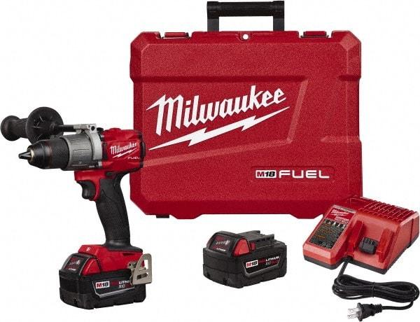 Milwaukee Tool - 18 Volt 1/2" Chuck Pistol Grip Handle Cordless Drill - 0-550 & 0-2000 RPM, Single-Sleeve Ratcheting Chuck, Reversible, 2 Lithium-Ion Batteries Included - Benchmark Tooling