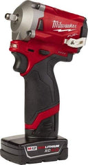 Milwaukee Tool - 3/8" Drive 12 Volt Pistol Grip Cordless Impact Wrench & Ratchet - 2,700 RPM, 0 to 3,200 BPM, 250 Ft/Lb Torque, 2 Lithium-Ion Batteries Included - Benchmark Tooling