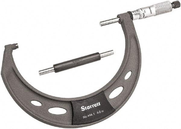 Starrett - 4 to 5" Range, 0.0001" Graduation, Mechanical Outside Micrometer - Ratchet Thimble, 2-3/4" Throat Depth, Accurate to 0.0001" - Benchmark Tooling