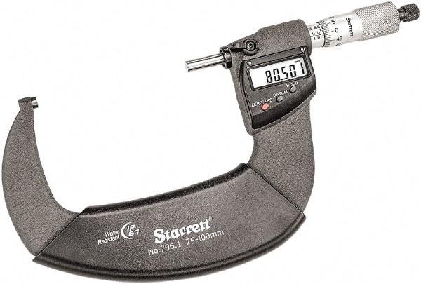 Starrett - 75 to 100mm Range, 0.001mm Graduation, Mechanical Outside Micrometer - Ratchet Thimble, 55mm Throat Depth, Accurate to 0.001mm - Benchmark Tooling