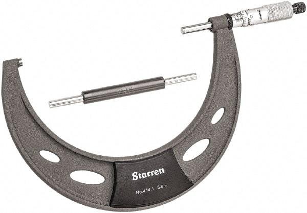 Starrett - 5 to 6" Range, 0.0001" Graduation, Mechanical Outside Micrometer - Ratchet Thimble, 3.35" Throat Depth, Accurate to 0.0001" - Benchmark Tooling