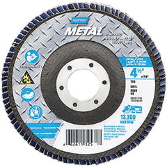 Norton - 80 Grit, 4-1/2" Disc Diam, 7/8" Center Hole, Type 29 Zirconia Alumina Flap Disc - 13,300 Max RPM, Fiberglass Backing, Arbor Attaching System, Coated - Benchmark Tooling