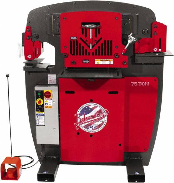 Edwards Manufacturing - 10" Throat Depth, 75 Ton Punch Pressure, 1-1/16" in 7/8" Punch Capacity Ironworker - 7-1/2 hp, 3 Phase, 230 Volts, 50" Wide x 60-1/4" High x 45" Deep - Benchmark Tooling