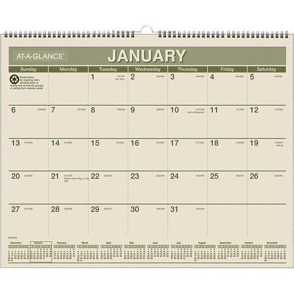 AT-A-GLANCE - 12 Sheet, 15 x 12", Wall Calendar - Green & White - Benchmark Tooling