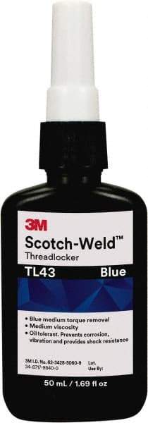 3M - 50 mL, Blue, Medium Strength Liquid Threadlocker - Series TL43, 24 hr Full Cure Time - Benchmark Tooling
