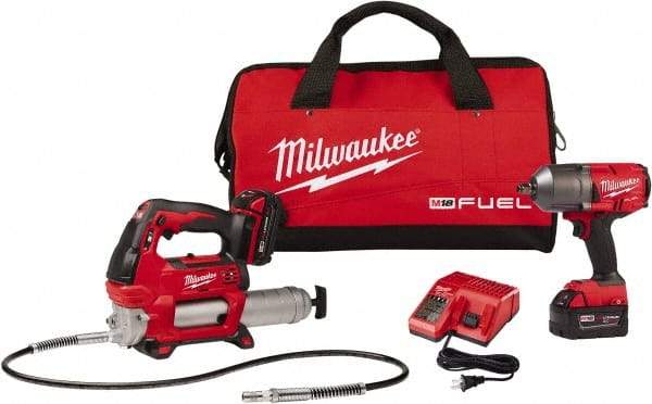 Milwaukee Tool - 1/2" Drive 18 Volt Pistol Grip Cordless Impact Wrench & Ratchet - 550/1,400/1,750 RPM, 0 to 2,100 BPM, 1,400 Ft/Lb Torque, 2 Lithium-Ion Batteries Included - Benchmark Tooling