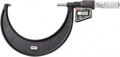 Starrett - 127 to 152 mm Range, 0.0001" Resolution, Standard Throat, Electronic Outside Micrometer - 0.0002" Accuracy, Friction Thimble, Micro Lapped Carbide Face, CR2450 Battery, Includes 3V Battery - Benchmark Tooling