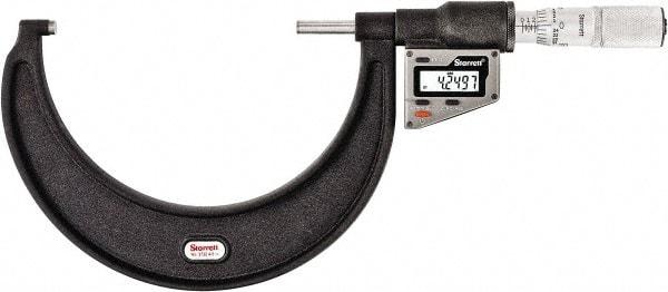 Starrett - 101 to 127 mm Range, 0.0001" Resolution, Standard Throat, Electronic Outside Micrometer - 0.0002" Accuracy, Friction Thimble, Micro Lapped Carbide Face, CR2450 Battery, Includes 3V Battery - Benchmark Tooling