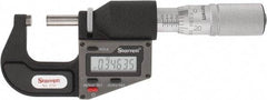 Starrett - 0 to 25 mm Range, 0.0001" Resolution, Standard Throat, Electronic Outside Micrometer - 0.0001" Accuracy, Friction Thimble, Micro Lapped Carbide Face, CR2450 Battery, Includes 3V Battery - Benchmark Tooling