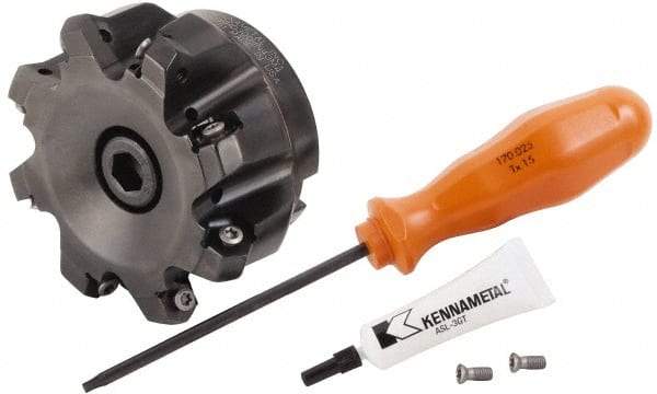 Kennametal - 3" Cut Diam, 1" Arbor Hole, 4.42mm Max Depth of Cut, 30° Indexable Chamfer & Angle Face Mill - 8 Inserts, HNGJ 0604... Insert, Right Hand Cut, 8 Flutes, Through Coolant, Series Dodeka Mini HD - Benchmark Tooling