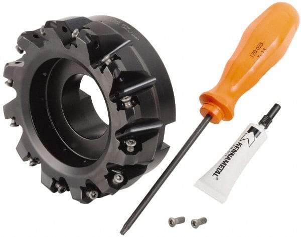 Kennametal - 4" Cut Diam, 1-1/2" Arbor Hole, 3.23mm Max Depth of Cut, 45° Indexable Chamfer & Angle Face Mill - 12 Inserts, HNGJ 0604... Insert, Right Hand Cut, 12 Flutes, Through Coolant, Series Dodeka Mini - Benchmark Tooling