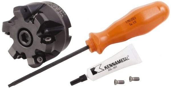 Kennametal - 2" Cut Diam, 3/4" Arbor Hole, 3.23mm Max Depth of Cut, 45° Indexable Chamfer & Angle Face Mill - 6 Inserts, HNGJ 0604... Insert, Right Hand Cut, 6 Flutes, Through Coolant, Series Dodeka Mini - Benchmark Tooling