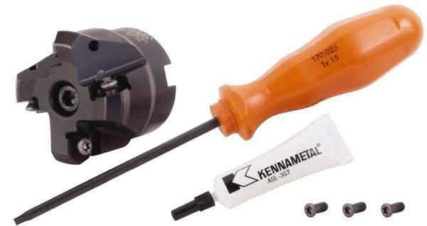 Kennametal - 1" Cut Diam, 1/2" Arbor Hole, 3.23mm Max Depth of Cut, 45° Indexable Chamfer & Angle Face Mill - 4 Inserts, HNGJ 0604... Insert, Right Hand Cut, 4 Flutes, Through Coolant, Series Dodeka Mini - Benchmark Tooling