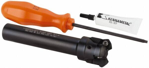 Kennametal - 45° Lead Angle, 33.58mm Max Cut Diam, 1" Min Cut Diam, 3.23mm Max Depth of Cut, Indexable Chamfer and Angle End Mill - 3 Inserts, HNGJ 0604ANENLD Insert Style, 121.92mm Overall Length, Through Coolant, Straight Shank - Benchmark Tooling