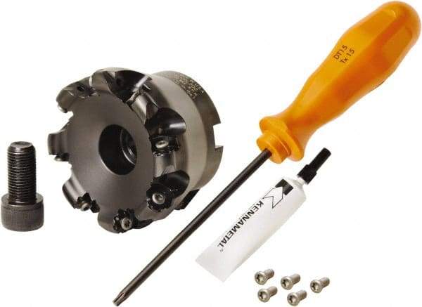 Kennametal - 80mm Cut Diam, 3mm Max Depth, 27mm Arbor Hole, 8 Inserts, RN.J 1204... Insert Style, Indexable Copy Face Mill - KDR Cutter Style, 24,760 Max RPM, 50mm High, Through Coolant, Series Rodeka - Benchmark Tooling