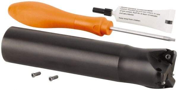 Kennametal - 1-1/2" Cut Diam, 0.059" Max Depth, 1-1/4" Shank Diam, Cylindrical Shank Indexable High-Feed Helical End Mill - Screw Holding Method, WOEJ090512.. Insert, KF2X Toolholder, Through Coolant - Benchmark Tooling