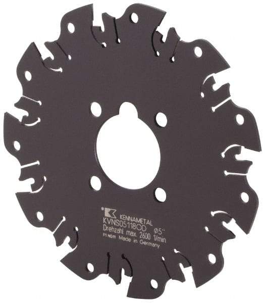Kennametal - Arbor Hole Connection, 1/8" Cutting Width, 1-3/8" Depth of Cut, 5" Cutter Diam, 1-1/4" Hole Diam, 11 Tooth Indexable Slotting Cutter - KVNS Toolholder, OD 3118.. Insert - Benchmark Tooling