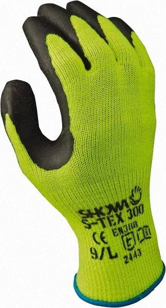 SHOWA - Size S (7), ANSI Cut Lvl 4, Abrasion Lvl 4, Natural Rubber Latex Coated Natural Rubber Cut Resistant Gloves - 10" Long, Palm Coated, Polyester, Stainless Steel & Kevlar Lining, Knit Wrist, Green/Yellow, Paired - Benchmark Tooling