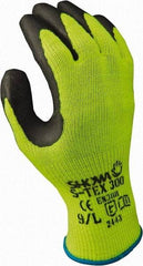 SHOWA - Size S (7), ANSI Cut Lvl 4, Abrasion Lvl 4, Natural Rubber Latex Coated Natural Rubber Cut Resistant Gloves - 10" Long, Palm Coated, Polyester, Stainless Steel & Kevlar Lining, Knit Wrist, Green/Yellow, Paired - Benchmark Tooling