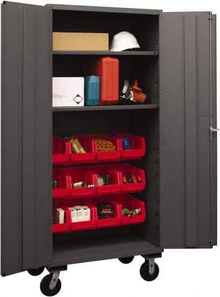 Durham - 2 Shelf 12 Bin Mobile Storage Cabinet - Steel, 36" Wide x 24" Deep x 80" High, Red - Benchmark Tooling