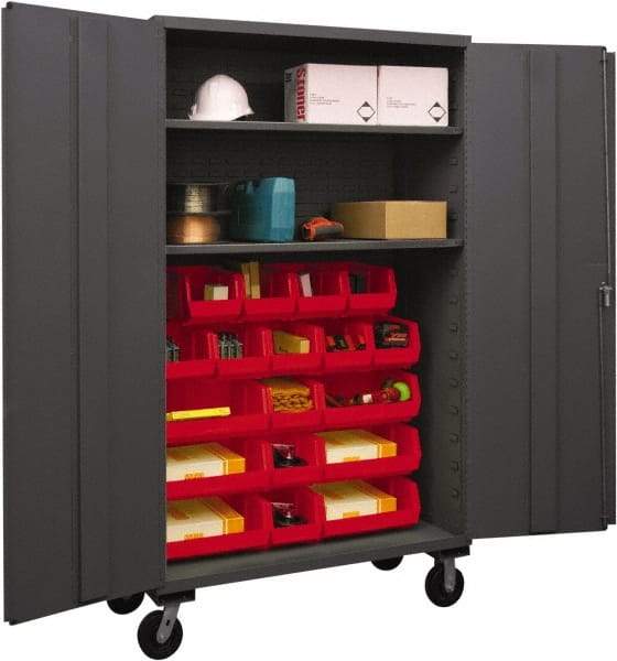 Durham - 2 Shelf 18 Bin Mobile Storage Cabinet - Steel, 48" Wide x 24" Deep x 80" High, Red - Benchmark Tooling