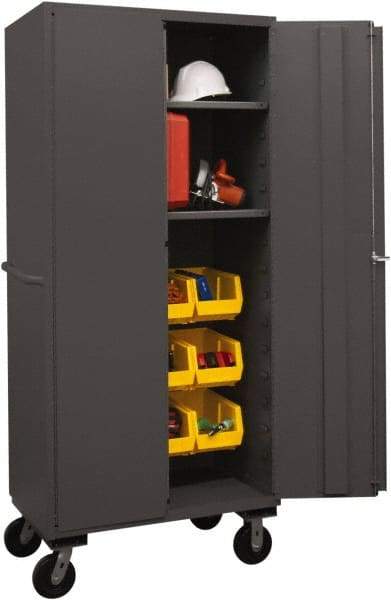 Durham - 2 Shelf 12 Bin Mobile Storage Cabinet - Steel, 36" Wide x 24" Deep x 80" High, Yellow - Benchmark Tooling