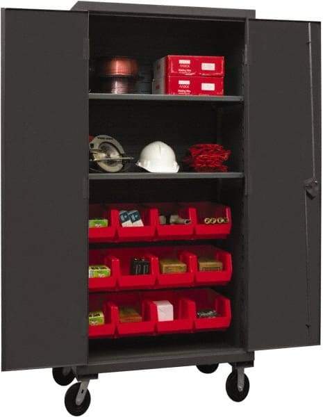 Durham - 2 Shelf 12 Bin Mobile Storage Cabinet - Steel, 36" Wide x 24" Deep x 80" High, Red - Benchmark Tooling