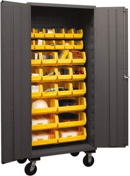 Durham - 30 Bin Mobile Storage Cabinet - Steel, 36" Wide x 24" Deep x 80" High, Yellow - Benchmark Tooling