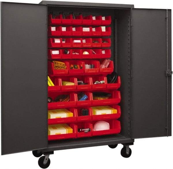 Durham - 42 Bin Mobile Storage Cabinet - Steel, 48" Wide x 24" Deep x 80" High, Red - Benchmark Tooling