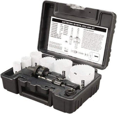 Disston - 9 Piece, 7/8" to 2-1/2" Saw Diam, Electrician's Hole Saw Kit - Bi-Metal, Toothed Edge, Pilot Drill Model No. E0102457, Includes 6 Hole Saws - Benchmark Tooling