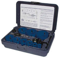 Disston - 9 Piece, 7/8" to 2-1/2" Saw Diam, Electrician's Hole Saw Kit - Bi-Metal, Toothed Edge, Pilot Drill Model No. E0102457, Includes 6 Hole Saws - Benchmark Tooling