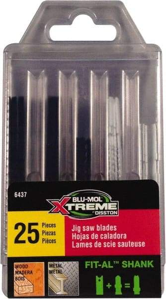 Disston - 25 Piece, 2-3/4" to 3-1/2" Long, 6 to 18 Teeth per Inch, Carbon and Bi-Metal Jig Saw Blade Set - Toothed Edge, U-Shank - Benchmark Tooling