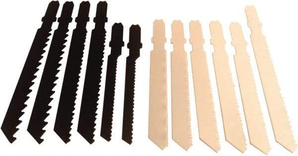 Disston - 12 Piece, 2-3/4" to 3-1/2" Long, 6 to 24 Teeth per Inch, Carbon and Bi-Metal Jig Saw Blade Set - Toothed Edge, U-Shank - Benchmark Tooling