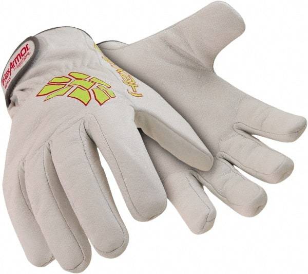 HexArmor - Size S (7), ANSI Cut Lvl A8, Puncture Lvl 4, Goatskin Leather Cut & Puncture Resistant Gloves - 9.5" Long, SuperFabric Lining, Hook & Loop Cuff, White/Hi-Vis Yellow, Paired - Benchmark Tooling